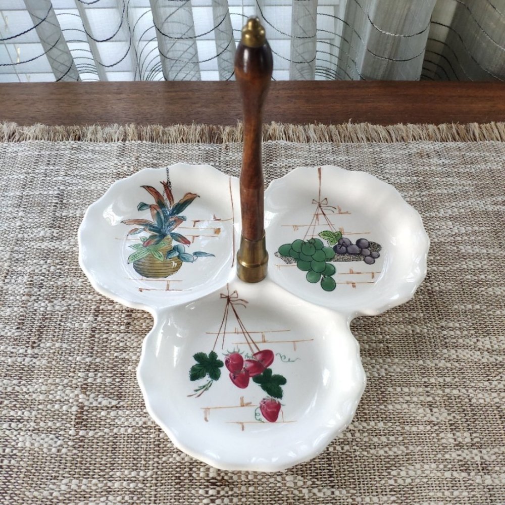 Hand Painted Appetizer Plate 3 Sections Vintage Ceramic Divided Serving Plate